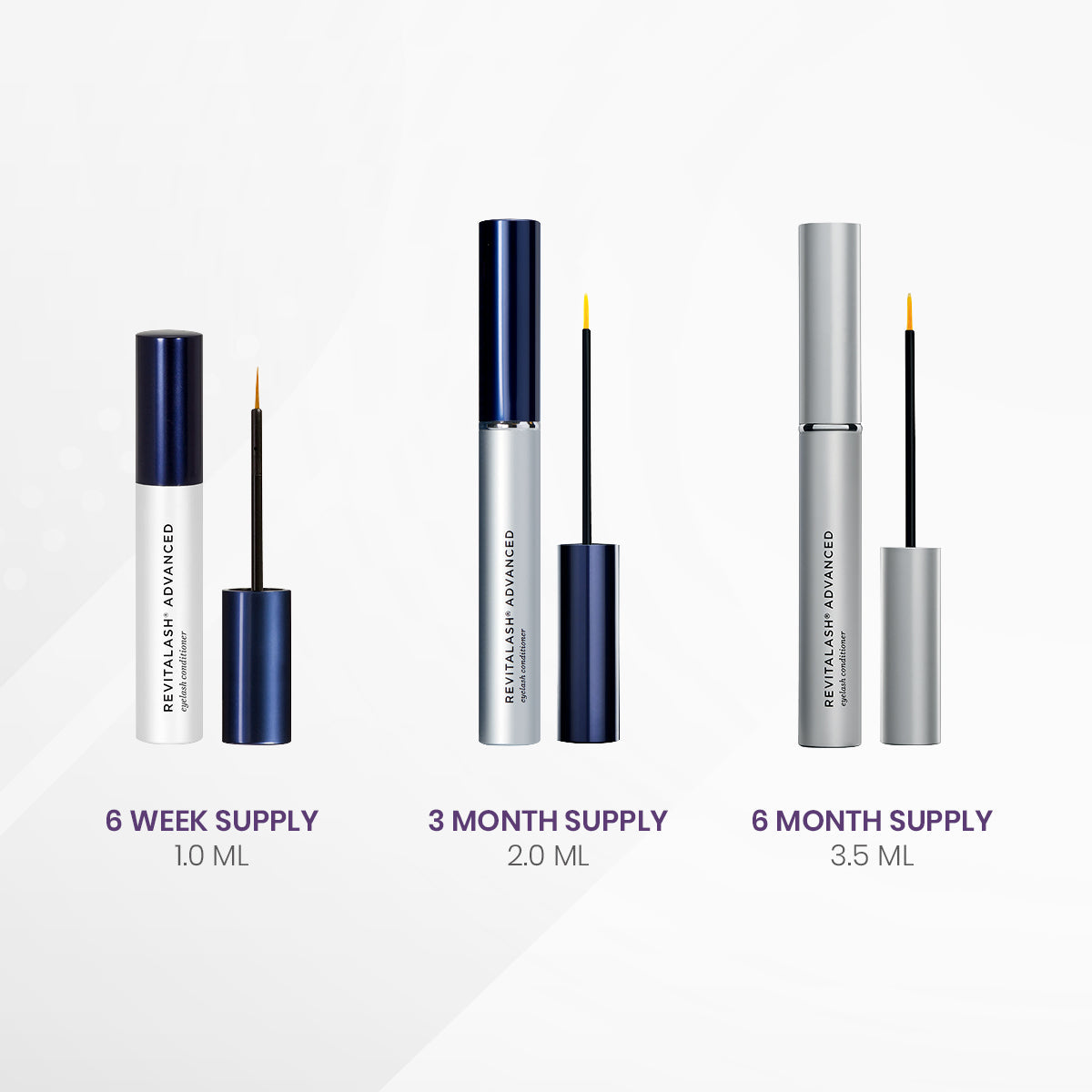 Displayed are three RevitaLash Advanced Eyelash Conditioner bottles: a 6-week supply (1.0 ml) and a 3-month supply (2.0 ml) with dark blue caps, and a 6-month supply (3.5 ml) with a silver cap, each open to show the precision applicators of this effective beauty serum.