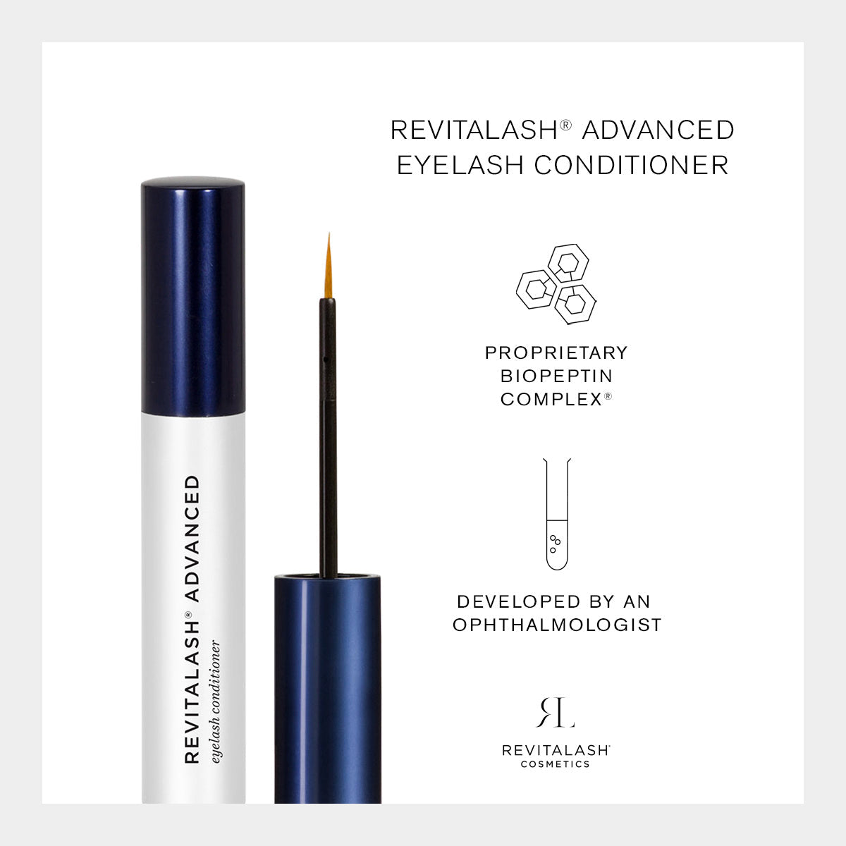 A sleek tube of RevitaLash Advanced Eyelash Conditioner and Enhancing Serum (3 Sizes) features prominently, highlighting its unique BioPeptin Complex and ophthalmologist-designed formula. The RevitaLash logo underscores it as a premium beauty choice.