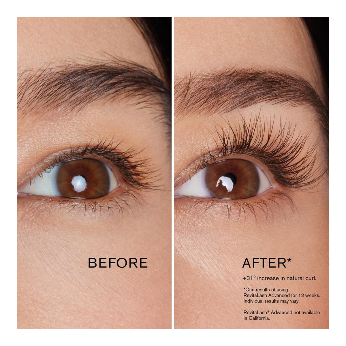 A side-by-side comparison shows an eye with less curled lashes Before and visibly curled lashes After, credited to RevitaLash Advanced Eyelash Conditioner and Enhancing Serum, noting a 31% increase in natural curl over 13 weeks.