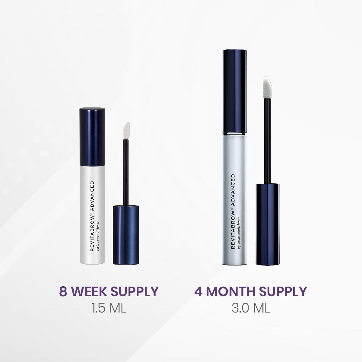 Two RevitaLash RevitaBrow Advanced Eyebrow Conditioner Serums are displayed: a 1.5 ml 8 Week Supply on the left for short-term use, and a 3.0 ml 4 Month Supply on the right for long-term needs, both featuring BioPeptin Complex® and having blue caps with white brushes against a light background.