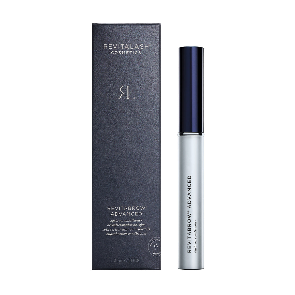 A silver tube of RevitaBrow Advanced Eyebrow Conditioner Serum sits beside its black box, with the brand RevitaLash printed on top. Formulated with BioPeptin Complex®, it claims to revitalize and combat brow aging.