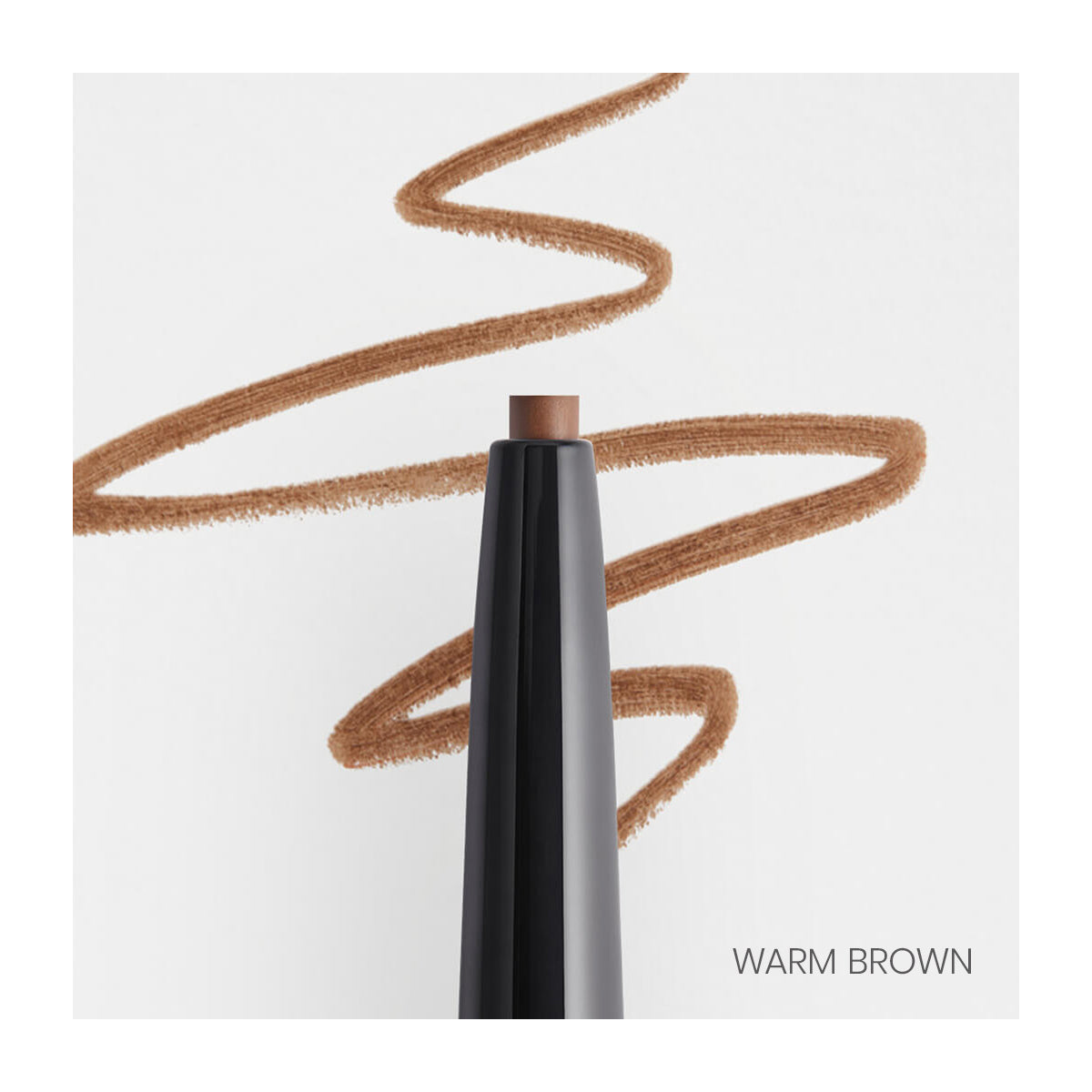 A close-up of the RevitaLash Hi-Def Brow Pencil, Hypoallergenic in a deep brown shade, showcases a long-wear makeup stick with water-resistant properties against a light background. The scribbled color behind emphasizes its application. The text Warm Brown highlights this rich tone.