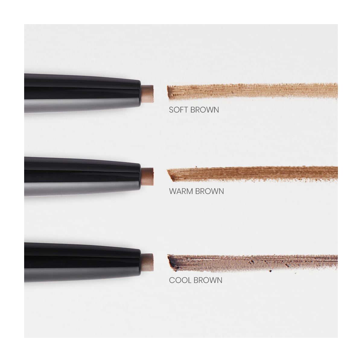 Three RevitaLash Hi-Def Brow Pencils, hypoallergenic and water-resistant, are displayed horizontally on a white background with swatches in Soft Brown, Warm Brown, and Cool Brown for easy selection.