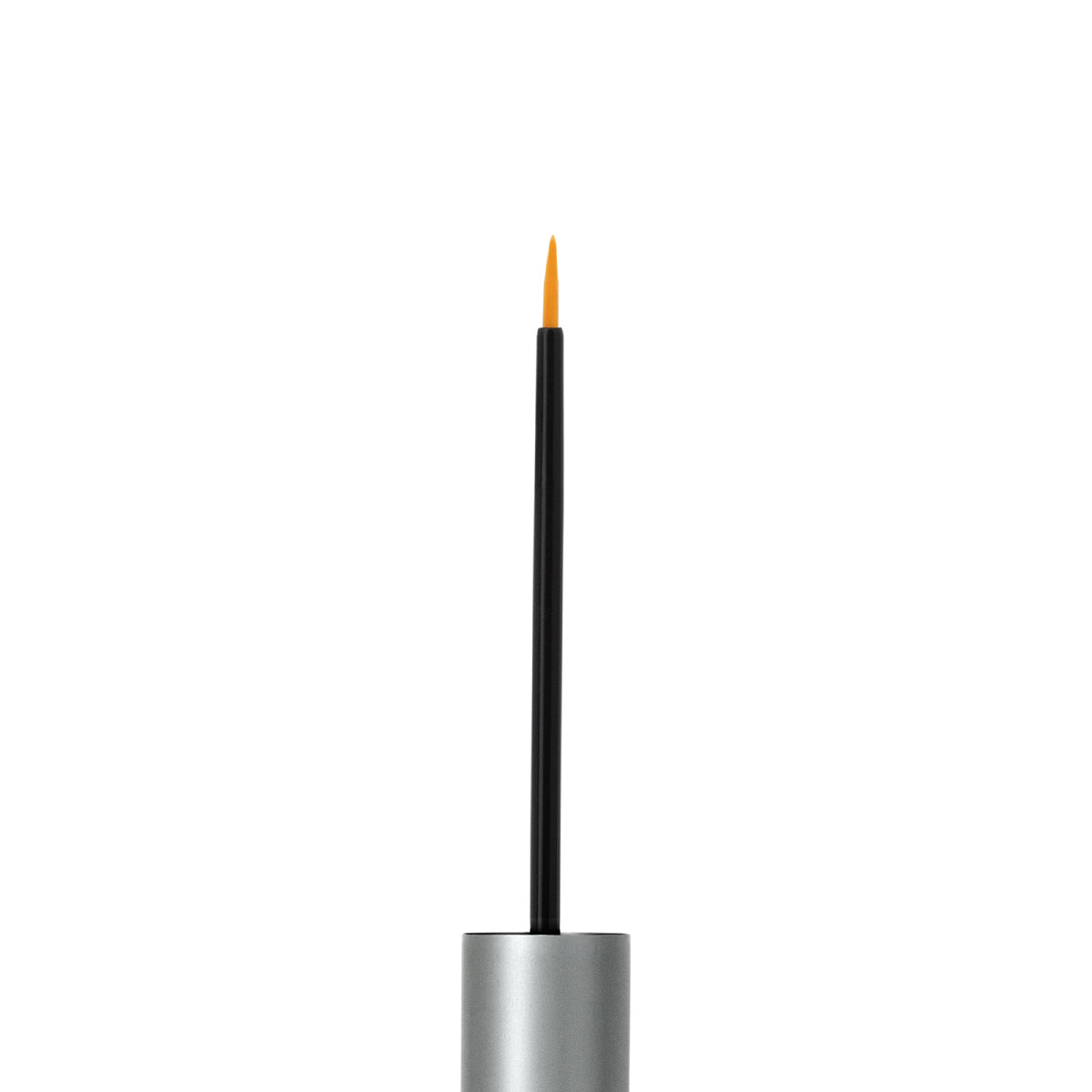 An open bottle of silver eyeliner reveals a black wand with a fine brush tip tinged with orange, featuring a lash-enhancing formula similar to RevitaLash Advanced. It is perfectly centered against a pristine white background, showcasing the RevitaLash Advanced PRO Eyelash Conditioner and Enhancing Serum.