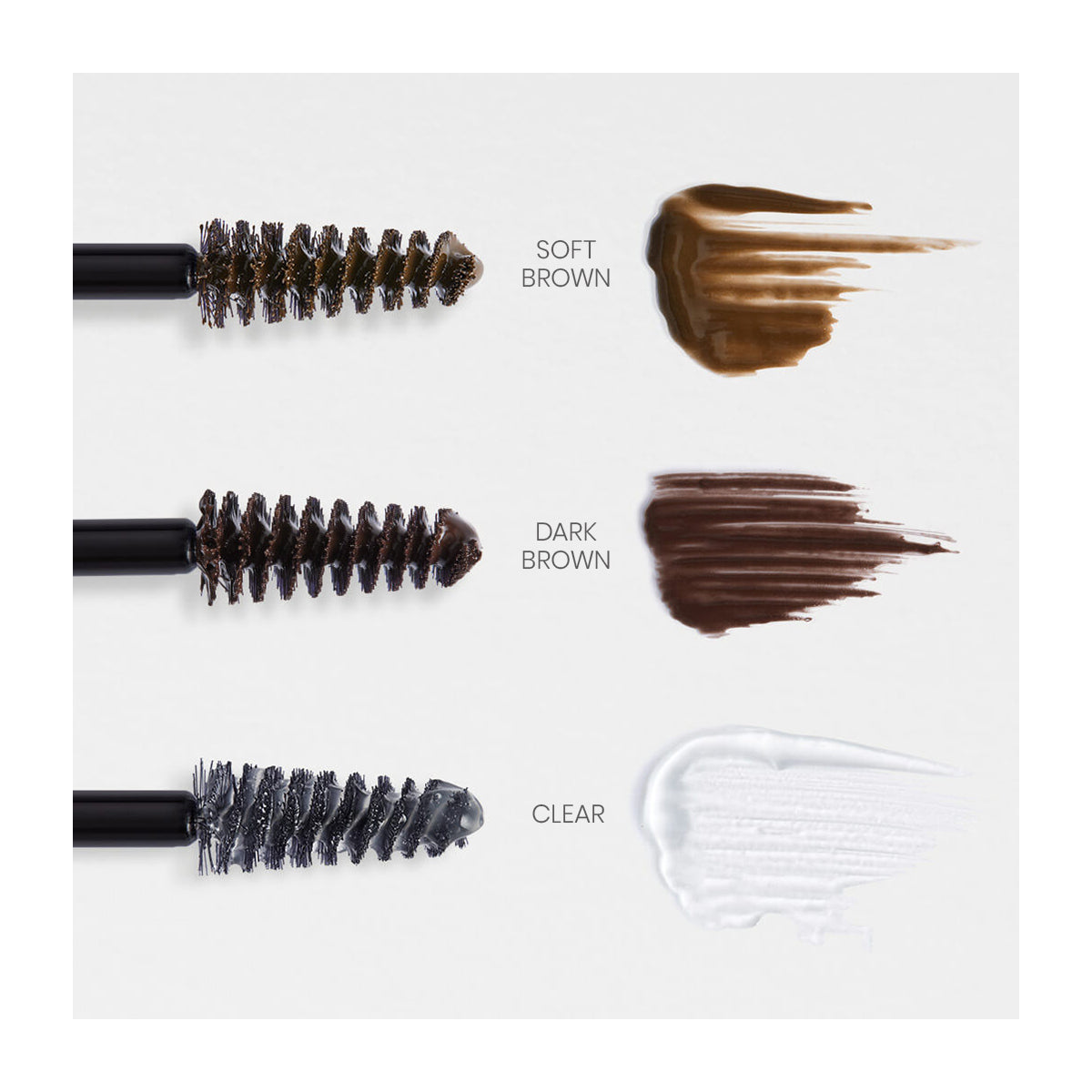 The image features RevitaLash Hi-Def Brow Gel in three colors: Soft Brown (light brown), Dark Brown (deeper brown), and Clear (transparent gloss). Each gel has a precision brush for flawless application.