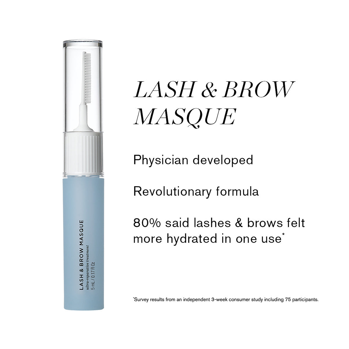 Image of RevitaLash Lash and Brow Masque in blue packaging with clear applicator, featuring claims: Physician developed, Revolutionary formula, and 80% reported more hydrated lashes & brows after one use. Ideal for those seeking healthy lashes/brows or hair repair.