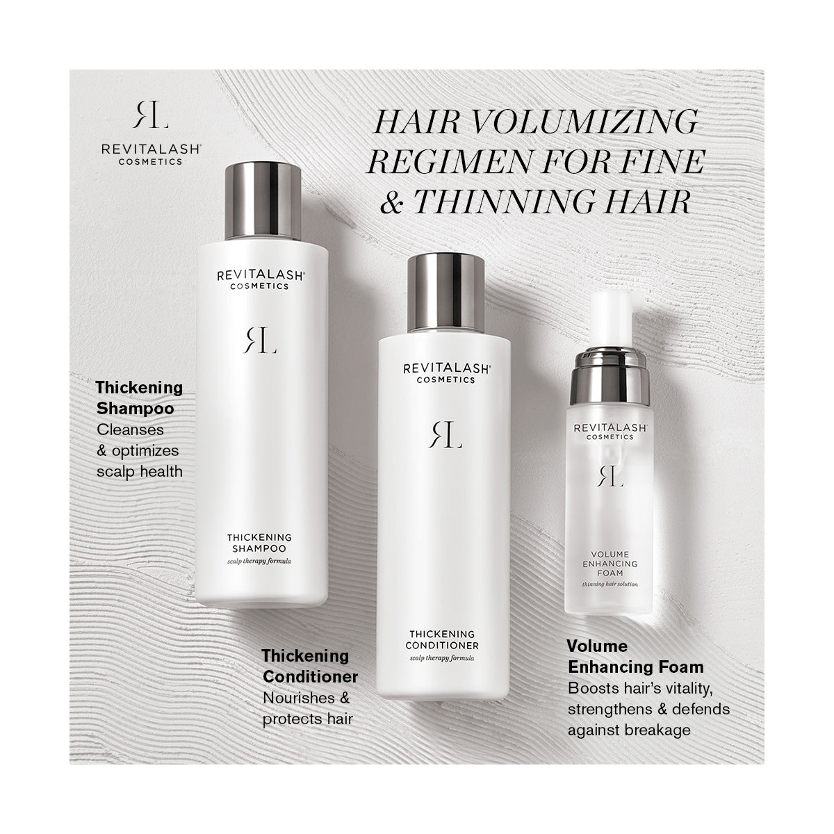 An image showcases the RevitaLash Volumizing Hair Collection Bundle against a light background. Included are Thickening Shampoo, Conditioner, and Volume Enhancing Foam, designed for fine, thinning hair to provide nourishment and protection.
