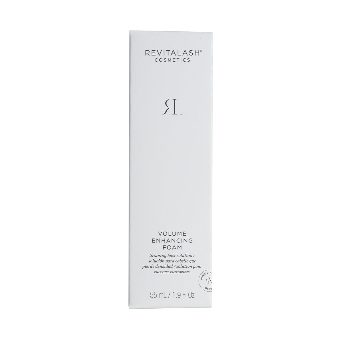 A white rectangular box of RevitaLash Volume Enhancing Foam for Hair (55mL) offers a solution for thinning hair with BioPeptin Complex, featuring a simple design with the RevitaLash logo and product details in elegant black text.