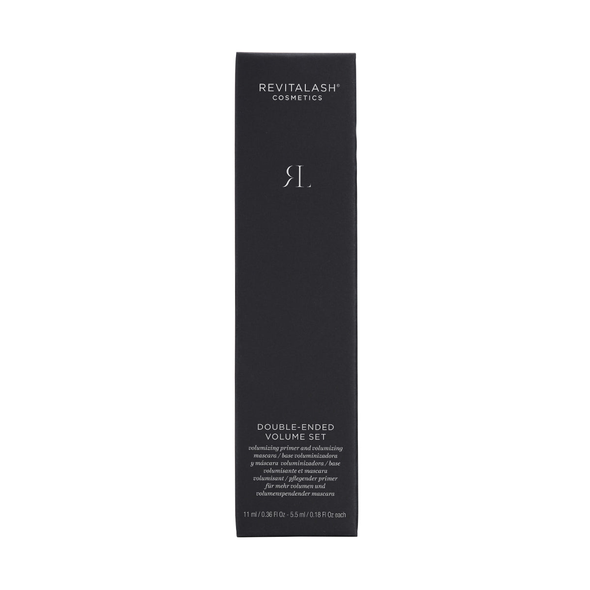 A sleek black rectangular RevitaLash box with the RI logo showcases the RevitaLash Double-Ended 2-in-1 Lash Primer & Mascara Volume Set, including a Volumizing Mascara and Primer, with size details at the bottom.