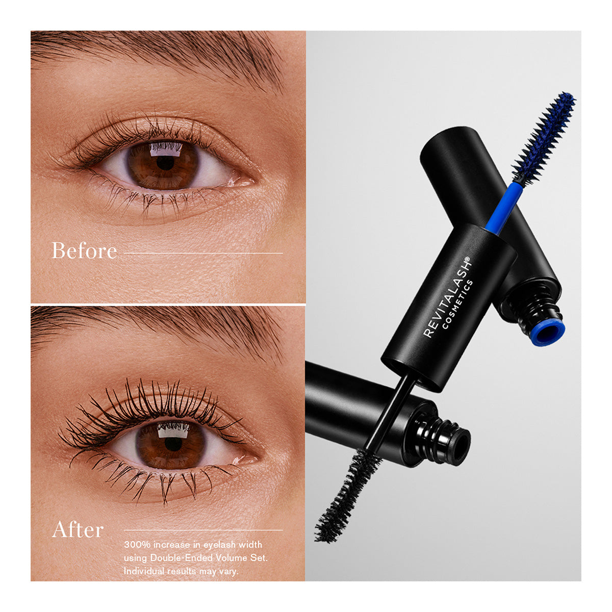 Close-up image highlighting eyes before and after using the RevitaLash Double-Ended 2-in-1 Lash Primer & Mascara Volume Set. The Before eye shows natural lashes, while the After eye displays noticeably longer, fuller lashes due to the Volumizing Primer and Mascara. The Mascara tube is on the right.