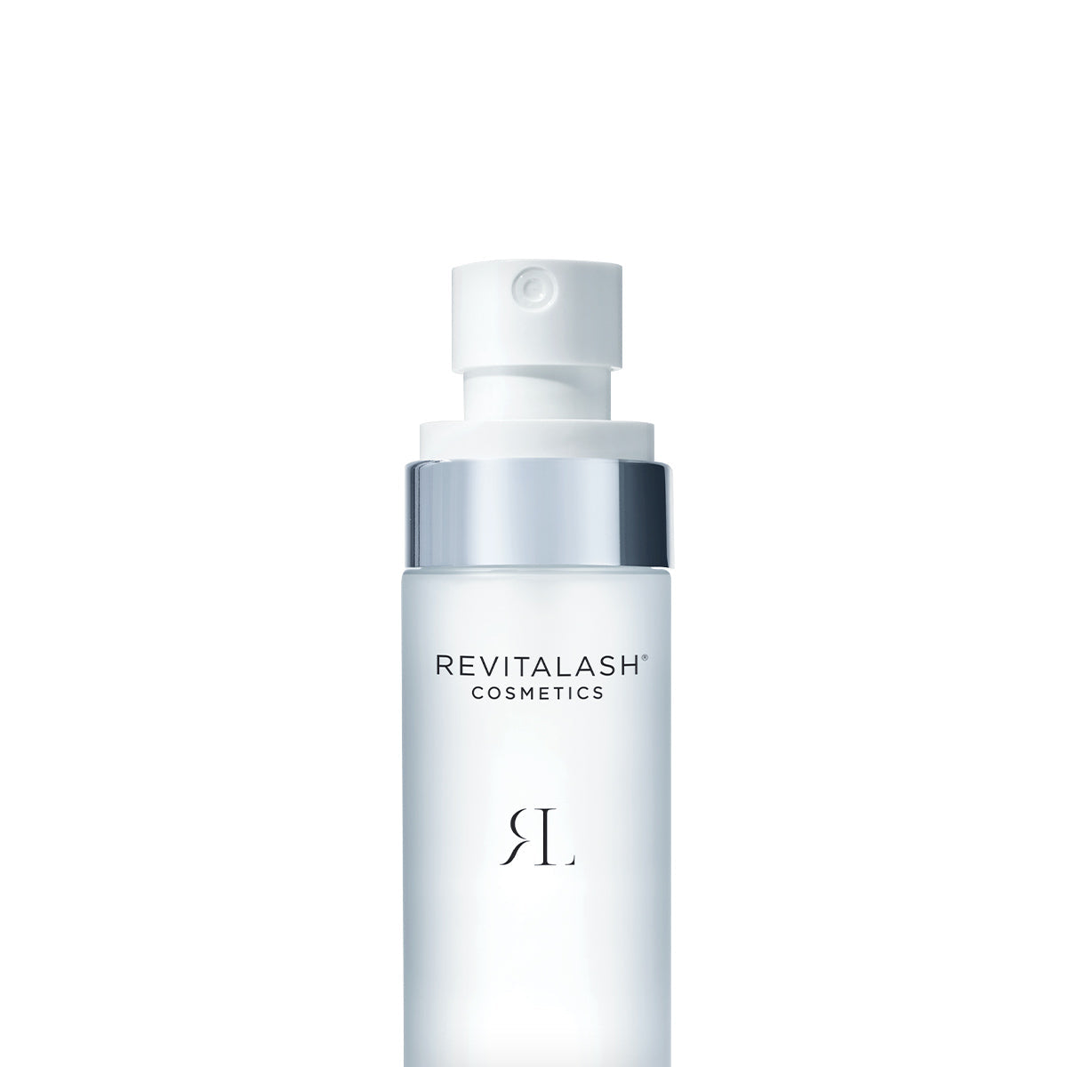 A clear bottle of RevitaLash Micellar Water Lash Wash, a 100mL hypoallergenic makeup remover, features a shiny silver cap and spray nozzle, safe for sensitive eyes, set against a plain white background.
