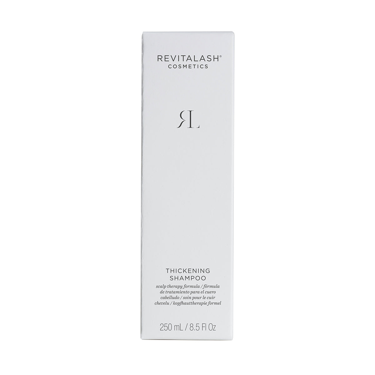 A tall, rectangular white box contains RevitaLash Thickening Shampoo, 250 ml, enhancing hair volume. It features minimalistic branding with a black logo and text.