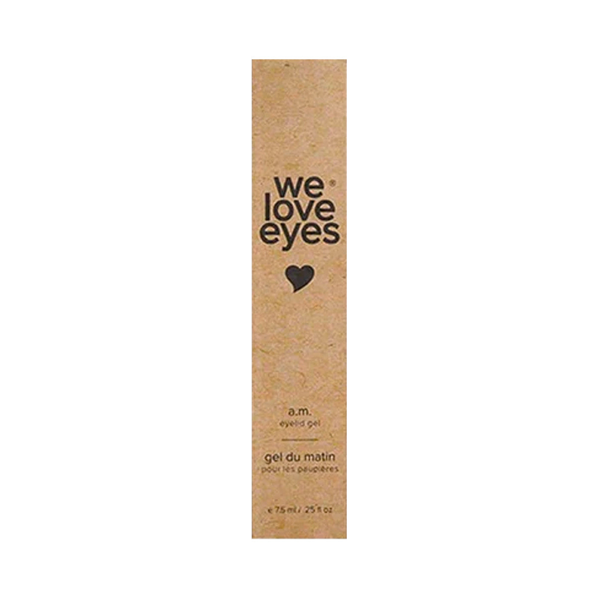 The We Love Eyes - AM Eyelid Gel (7.5ml) comes in a natural-textured cardboard box featuring we love eyes and a heart icon, with text a.m. eyelid gel and gel du matin pour les paupières, offering a hydrating solution for dark circles with minimalistic packaging.