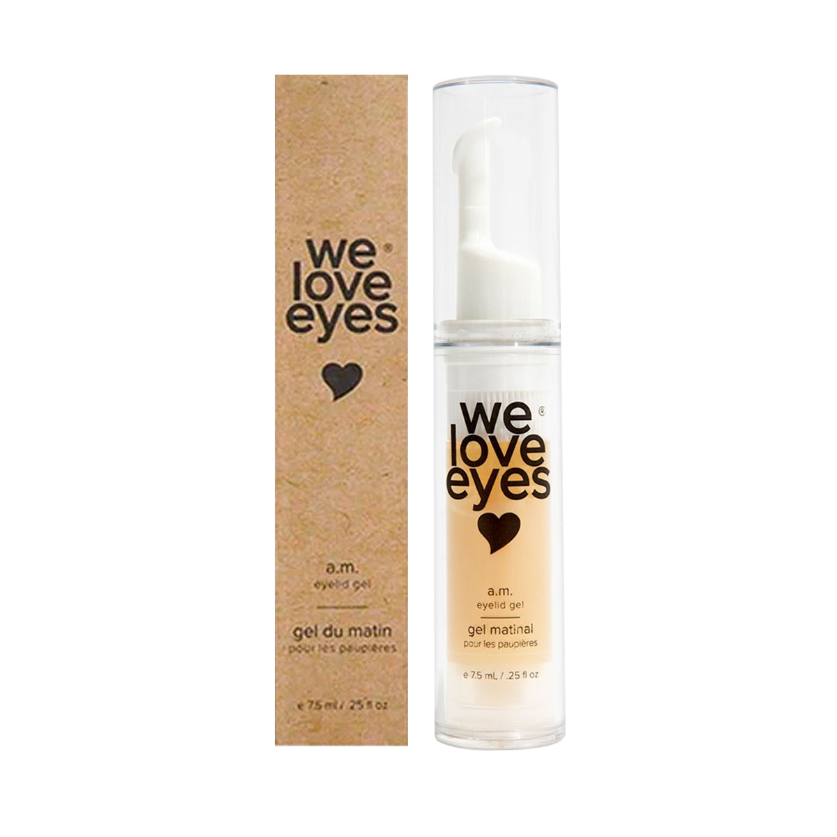 A 7.5 ml We Love Eyes AM Eyelid Gel bottle, designed to hydrate dry eyes, is next to its brown packaging featuring the brands name and a heart icon.
