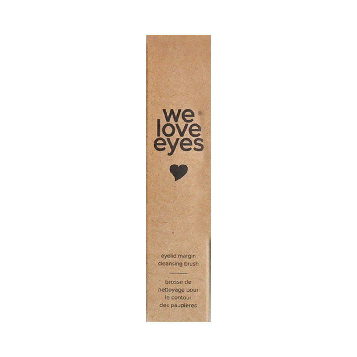 A rectangular cardboard box displays a heart symbol with We Love Eyes and Eyelid Margin Cleansing Brush in English and French. This eco-friendly design promotes meibomian gland health with a tiered fiber layout for effective eyelid cleansing.