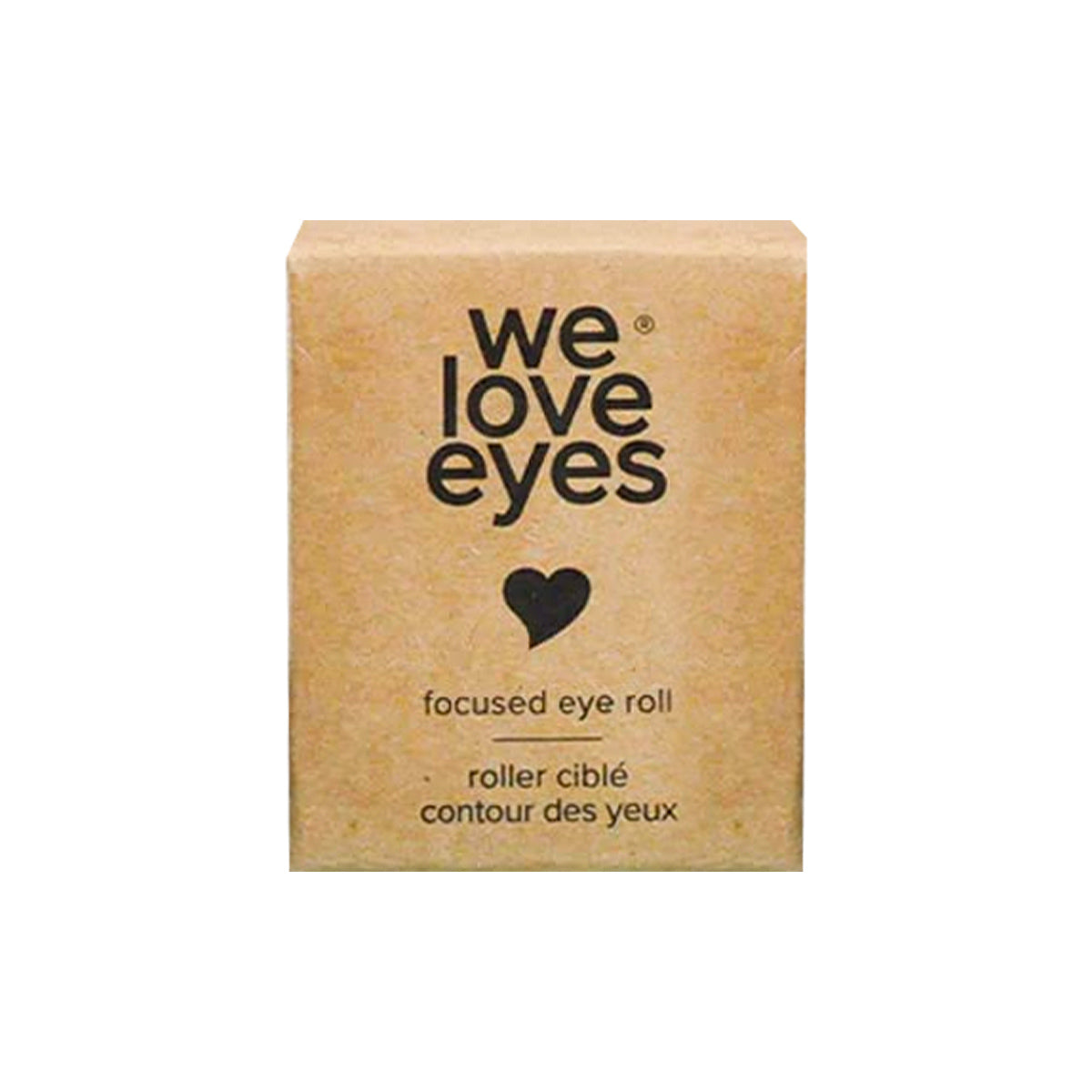 The brown cardboard packaging of the We Love Eyes - Focused Eye Roll features black text with the product name and roller ciblé contour des yeux, plus a small heart graphic. Its stainless steel roller helps absorb eye cream, targeting meibomian gland blockage while toning, de-puffing, and relaxing tired eyes.