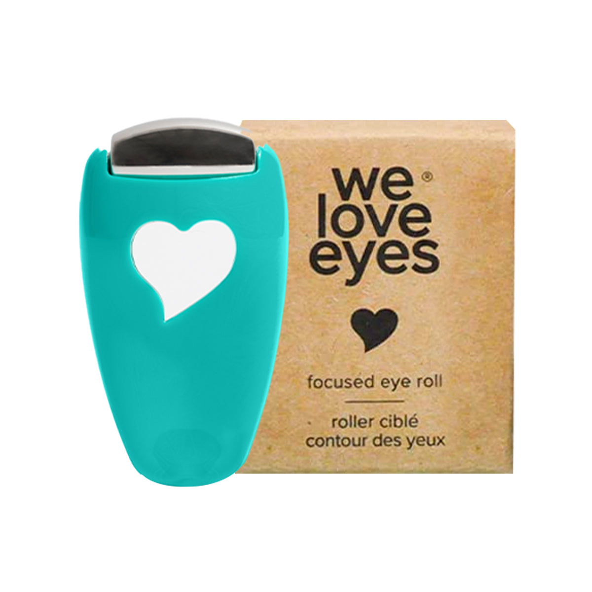 The We Love Eyes Focused Eye Roll is a turquoise stainless steel eye roller, featuring a heart-shaped cutout to enhance eye cream absorption. It comes in a brown box labeled we love eyes, designed for alleviating meibomian gland blockage and relaxing tired eyes.