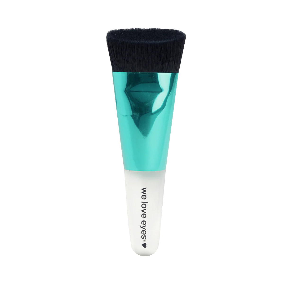 The We Love Eyes - Lashfull Thinking cleansing brush features a dome-shaped, vegan, and cruelty-free design with black bristles, a turquoise metallic handle, and a white base with we love eyes text and a heart. Its ideal for eyelid margin health.