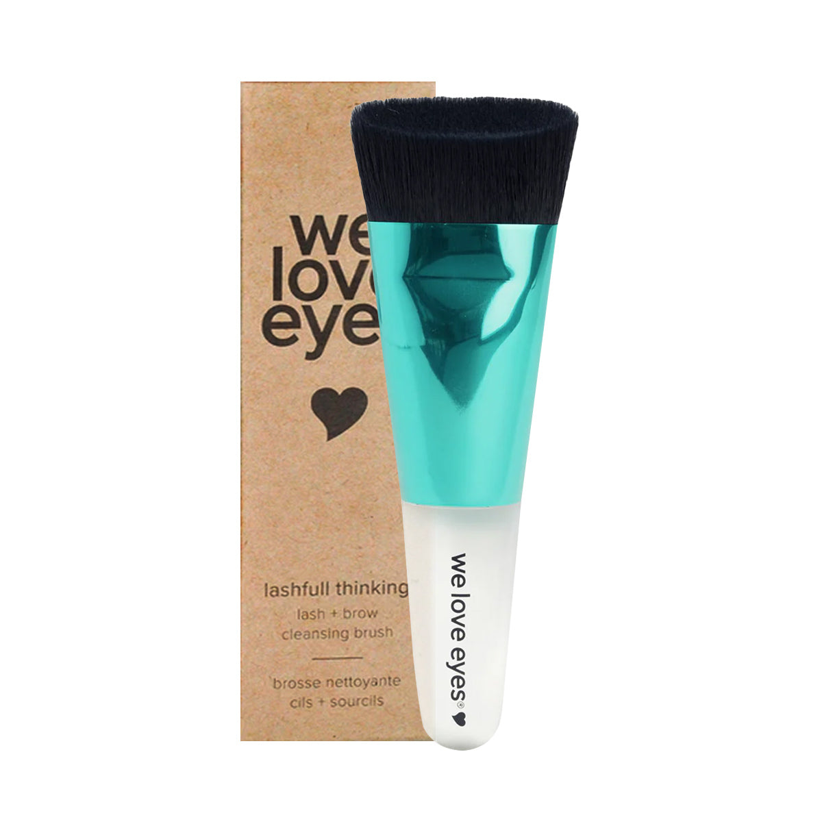 Explore the We Love Eyes - Lashfull Thinking vegan and cruelty-free lash and brow cleansing brush. It features black bristles, a teal metallic handle, a dome-shaped head for eyelid margin health, and comes in matching branded cardboard packaging.