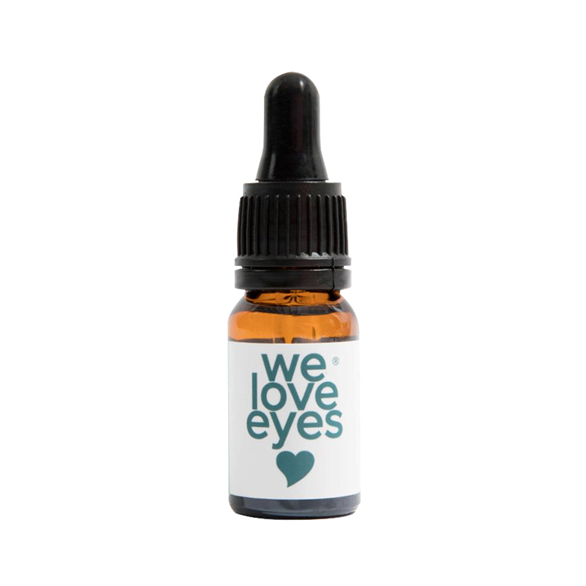 A small brown bottle with a black dropper cap labeled We Love Eyes features a heart symbol and contains Lashfull Thinkin Lash + Brow Follicle Oil, designed to enhance eyelash growth and support eyebrow health.