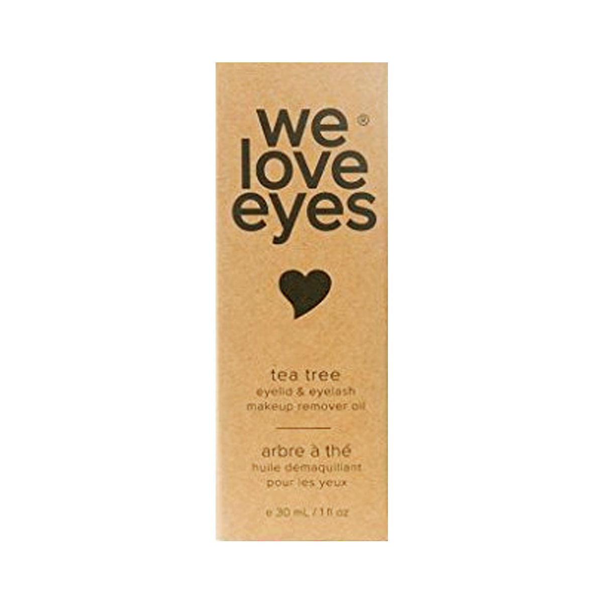 The rectangular brown We Love Eyes package features a heart symbol and reads: Tea Tree Makeup Remover Oil. Its 100% natural, includes Australian Tea Tree Oil and organic jojoba oil, effortlessly removes waterproof makeup in its 30mL bottle.