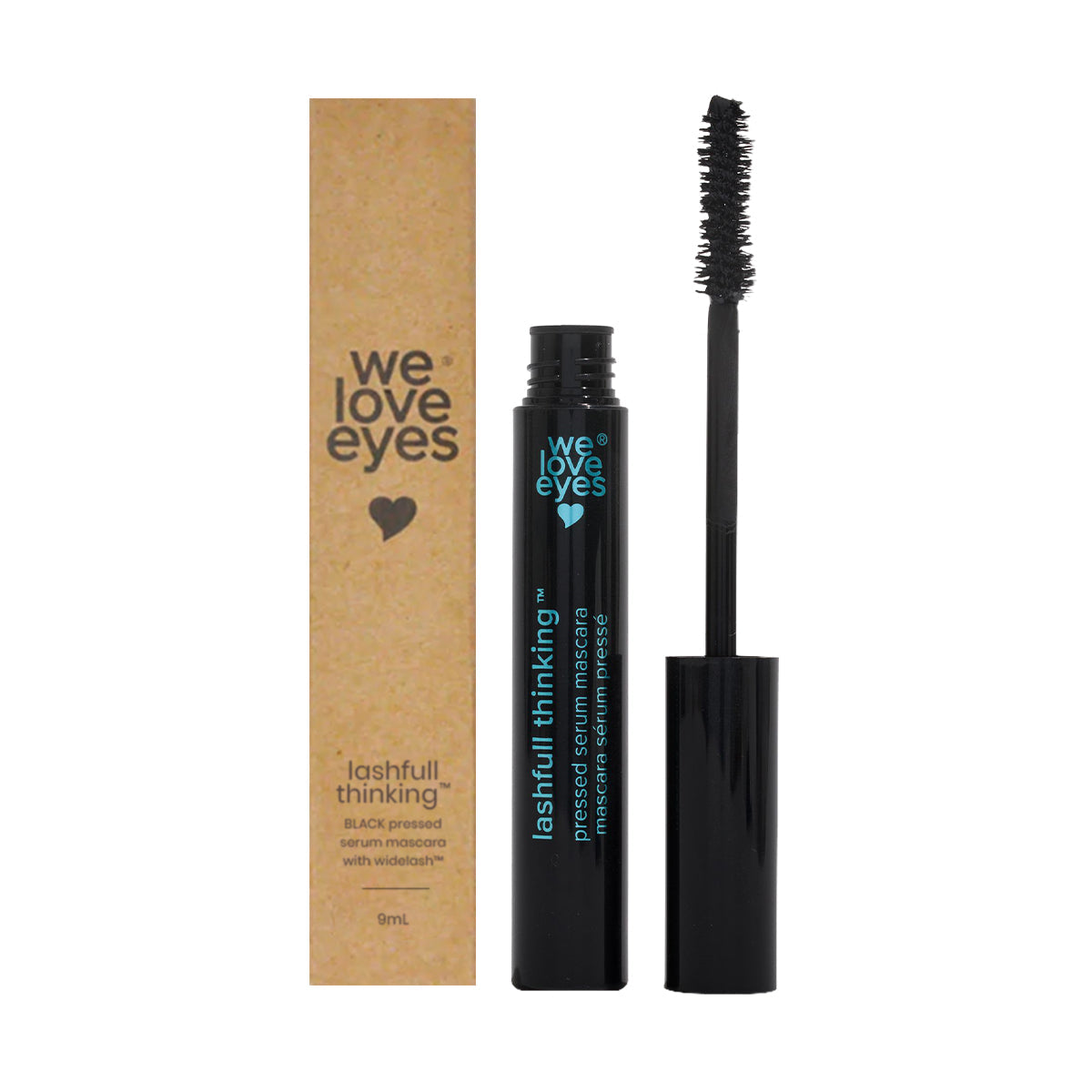 The We Love Eyes Lashfull Thinking BLACK Pressed Serum Mascara with Widelash stands beside its eco-friendly box. This volumizing mascara enhances lash length and promotes eyelash health.