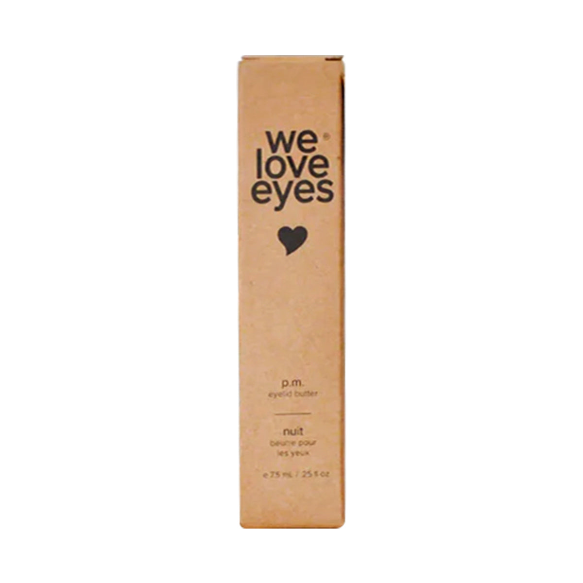 The We Love Eyes P.M. Eyelid Butter, encased in a rectangular box with a heart graphic, offers 7.5 mL to protect the eyelid skin barrier and reduce transepidermal water loss before sleep. The design features brown with black text.