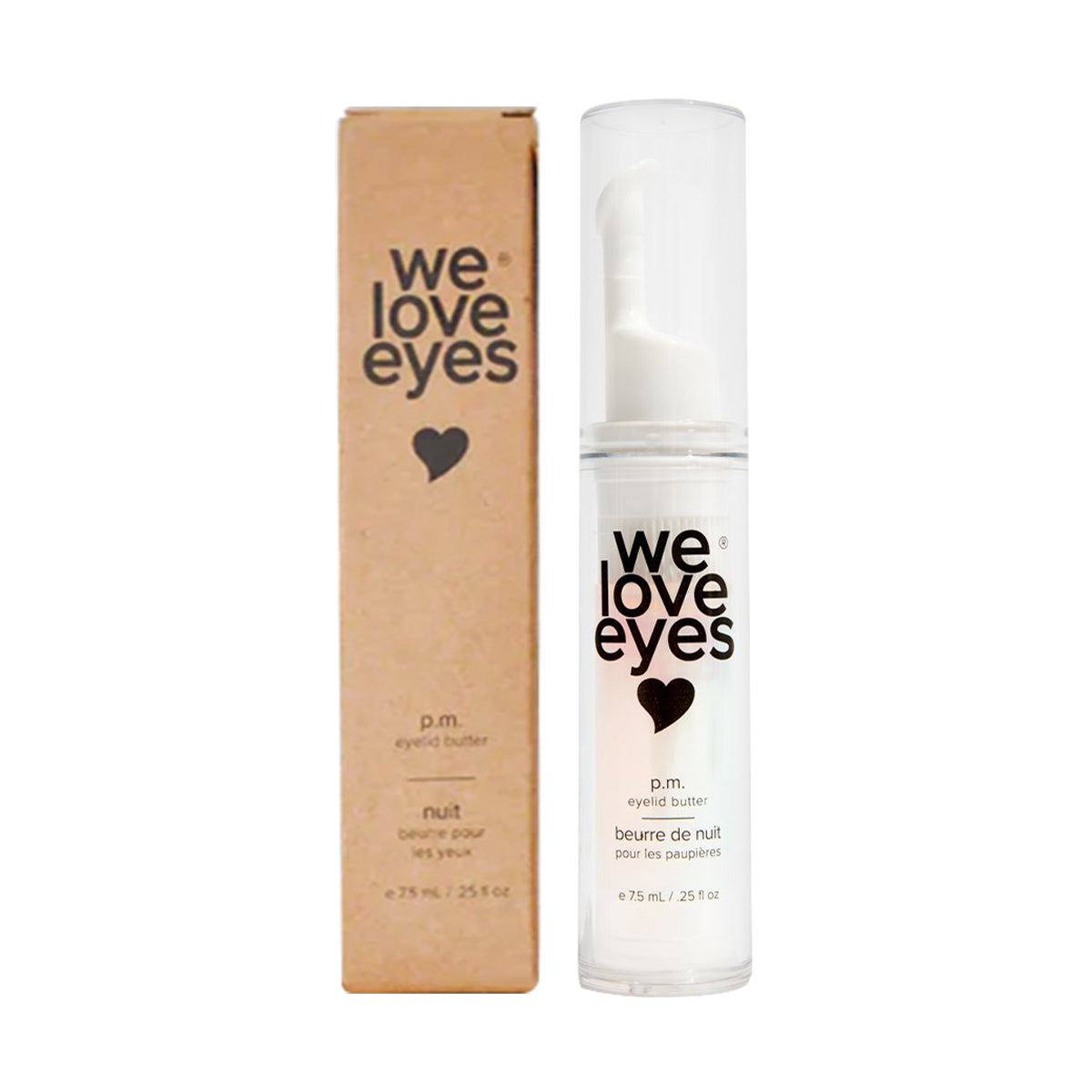 A brown box holds a cylindrical We Love Eyes bottle in black text. The P.M. Eyelid Butter, designed to support the eyelid skin barrier at night with a pump dispenser to prevent transepidermal water loss, is 7.5 ml/0.25 oz.