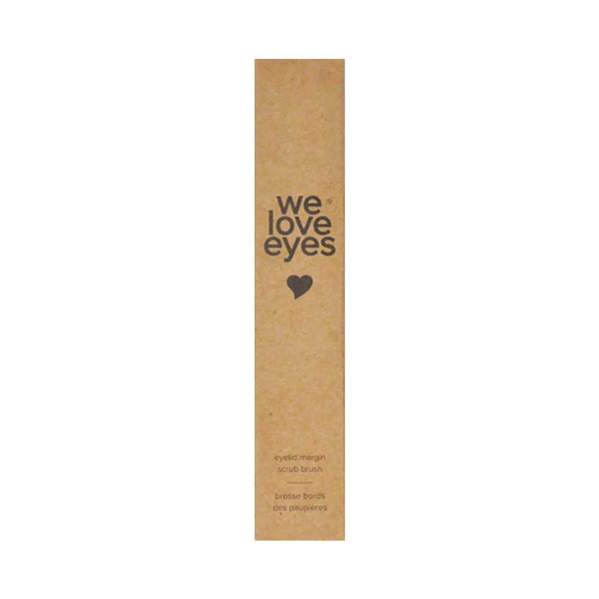 A brown rectangular box displays we love eyes in black, featuring the We Love Eyes Eyelid Margin Scrub Brush. Underneath are multilingual text and a heart symbol. Perfect for cleaning demodex collarettes on eyelid margins.