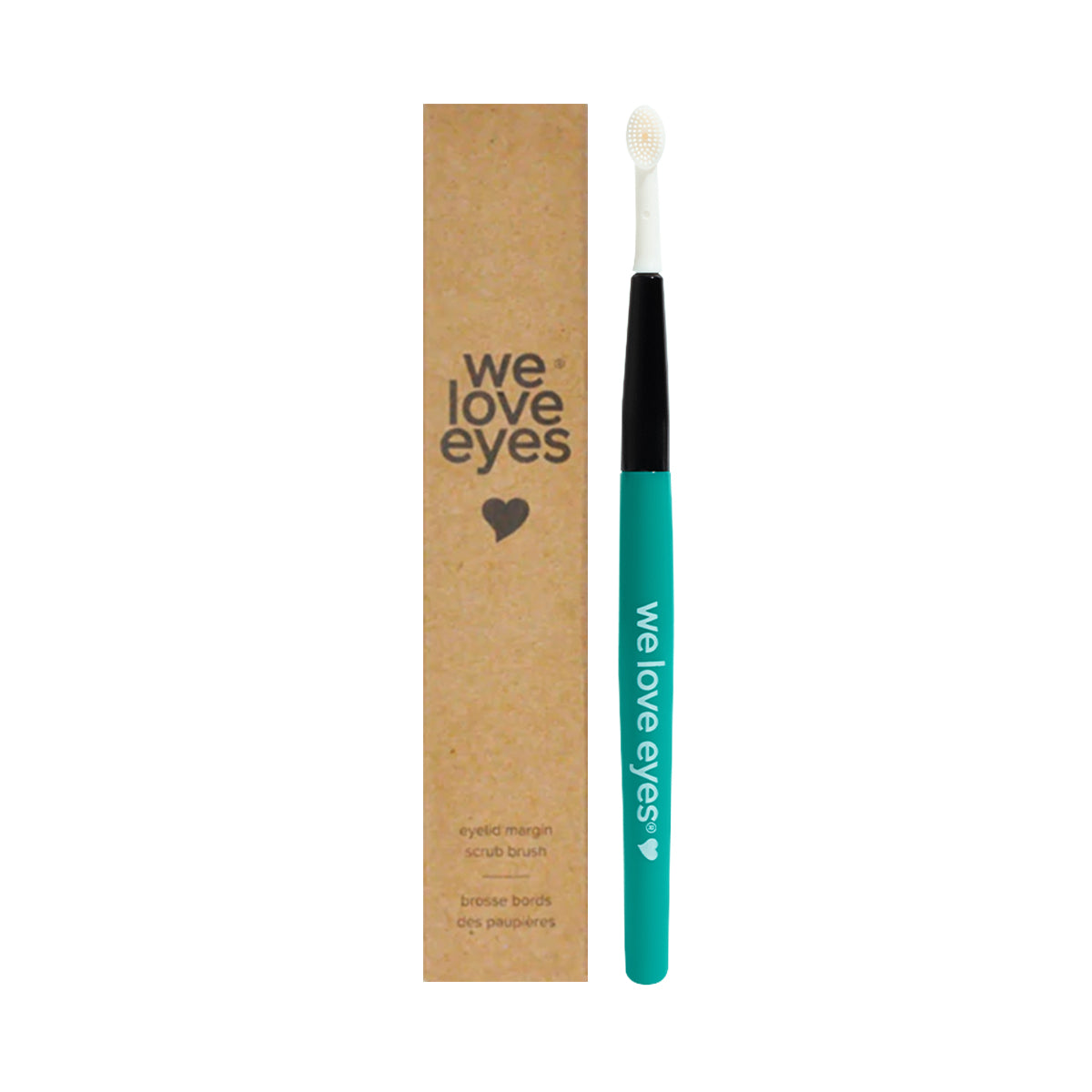 The We Love Eyes Eyelid Margin Scrub Brush features a green handle, white bristles, and comes in brown cardboard packaging. Its perfect for maintaining healthy meibomian glands and effortlessly caters to eyelid margins with thoughtful branding.