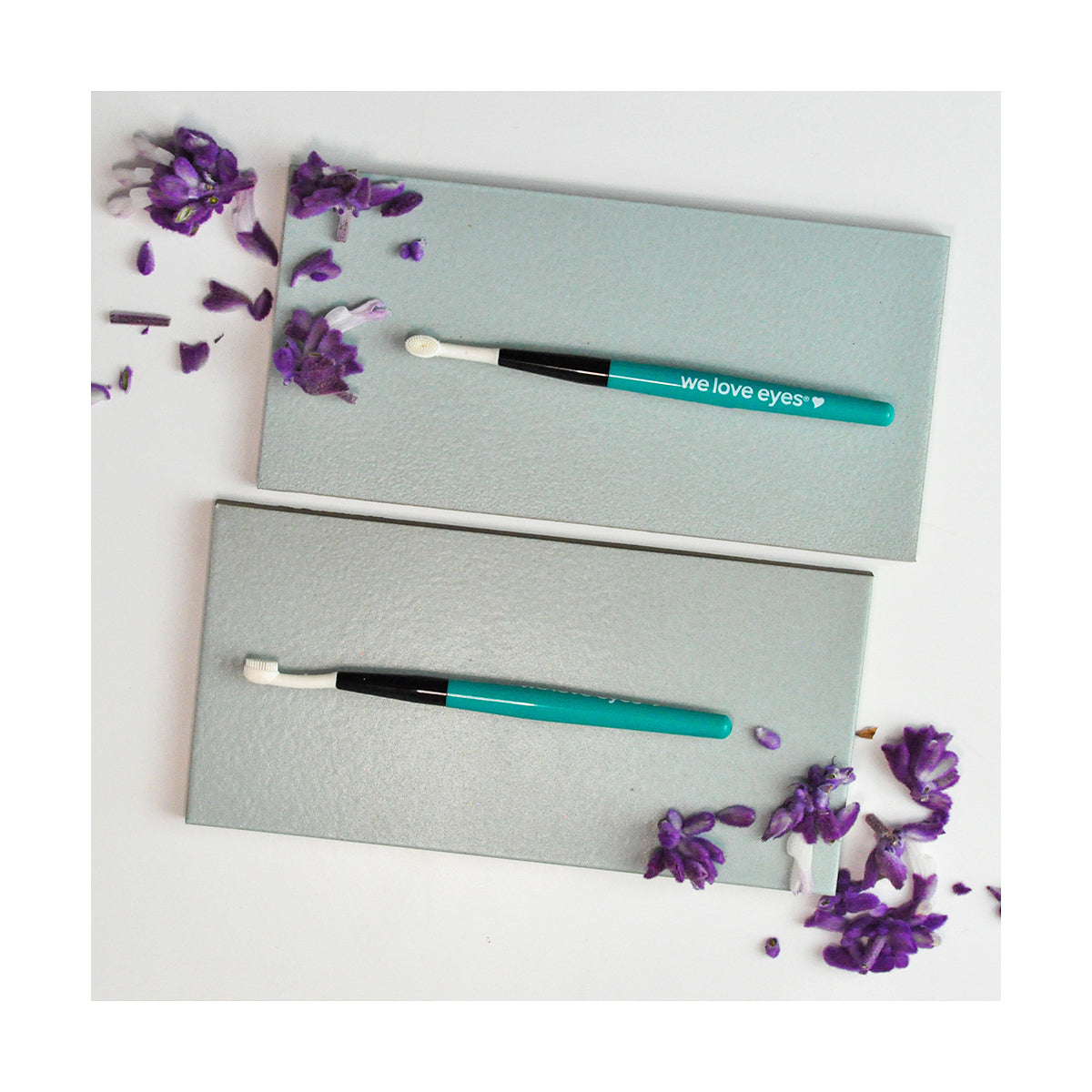 Two teal makeup brushes on gray tiles, surrounded by scattered purple petals. The top brush, We Love Eyes Eyelid Margin Scrub Brush, highlights care for eyelid margins and meibomian glands, ensuring a gentle touch for eye wellness.