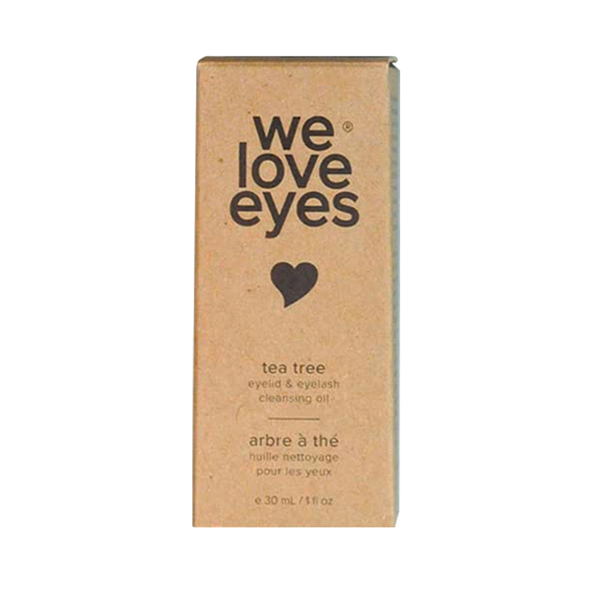 The rectangular brown box for We Love Eyes features a heart icon and text promoting its cleansing formula with Australian Tea Tree Oil. The packaging is bilingual (English/French) to clearly detail the benefits for Meibomian oil glands of the All Natural Tea Tree Eyelid Cleansing Oil.