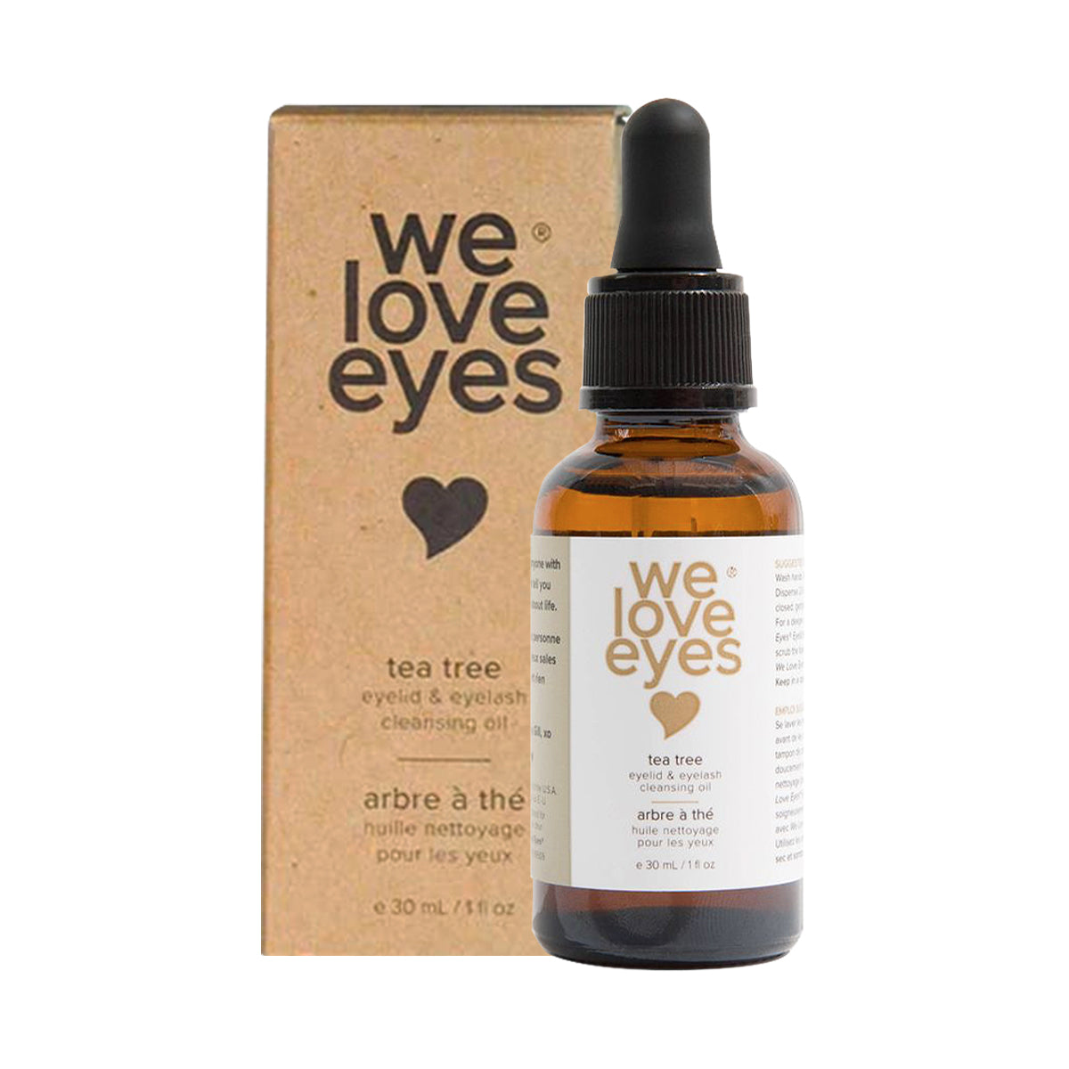 A brown glass dropper bottle labeled We Love Eyes stands in front of a beige box with matching branding. This 30ml All Natural Tea Tree Eyelid Cleansing Oil blend, featuring Australian Tea Tree Oil and Jojoba Oil, supports optimal eyelid and lash care by aiding Meibomian oil glands.