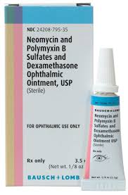 A 3.5gm tube labeled Neomycin, Polymixin B, Dexamethasone (NPD) by MedPharma USA stands prominently from Bausch & Lomb for optimal eye care.