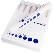 The white MedPharma USA package features a disposable pen light design with a blue dot pattern and Pupil Gauge marked on it. It’s labeled as a 6 Pack, displaying pupil sizes from 1 to 9, with four pens arranged neatly at the top.