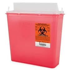 The MedPharma USA Sharps Container, 5.4 Qt, is a red biohazard waste container with a clear lid and warning label, designed for disposing of hazardous medical waste like sharps.