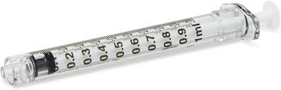 A close-up of a transparent MedPharma USA 1cc TB Luer Lock syringe by Becton Dickinson displays precise measurement markings. It is positioned diagonally on a white background, revealing a clear plunger and black stopper inside.