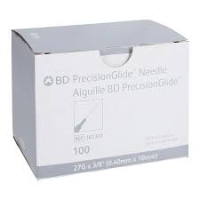 A gray and white box of MedPharma USA disposable needles contains 100 Becton Dickenson needles labeled as: 27G x 1/2 (0.40mm x 13mm).