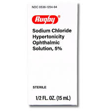 Image of a white box for Vision Rescue Pro Sodium Chloride Ophthalmic Solution 5%, featuring Rugby branding. Its a sterile hypertonicity solution with a volume of 0.5 fl oz (15 mL).