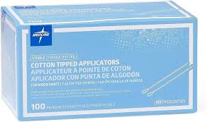 The image shows a blue and white box labeled Cotton Tip Applicators in multiple languages, containing 100 sterile wooden applicators. The right side features two illustrations of cotton swabs, and the top left corner displays the MedPharma USA logo.