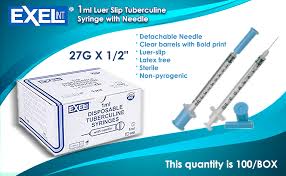 An image of the MedPharma USA Syringes w/ Needles, 1cc, 27g x 1/2 Luer Slip. The box states 100/BOX featuring detachable needles, clear barrels with bold print, latex-free design, sterile and non-pyrogenic quality. The syringe and needle are prominently displayed.