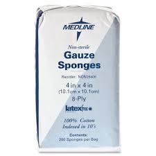 Image of a white package labeled MedPharma USA Gauze, 4 x 4, 8-ply, Non-Sterile, containing 200 cotton, latex-free sponges. Perfect for gently attending to various care needs.
