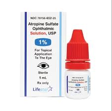 A 5ml Atropine 1% by Lifestar, from MedPharma USA, features a red cap and sits beside a box with blue accents. The packaging highlights it is for topical eye use, sterile, and Rx only.