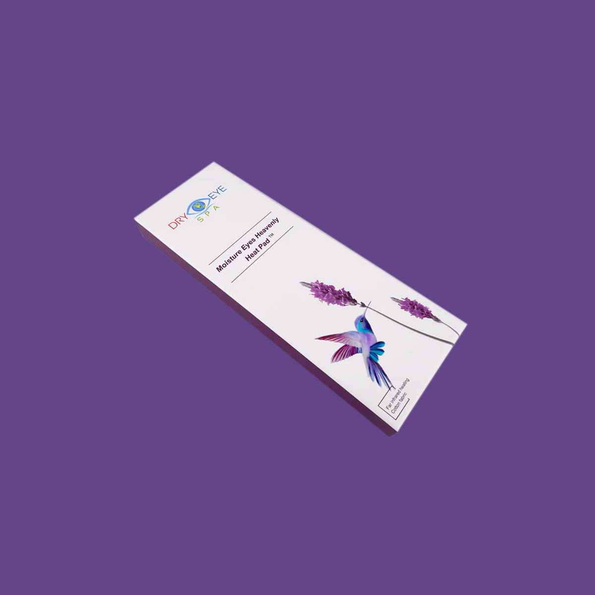 The Day & Night box, adorned with a hummingbird and lavender flowers on a purple cover, contains the Dry Eye Guys Moisture Eyes Heavenly Heat Pads, featuring USB-powered infrared technology with soothing microwave clay beads.