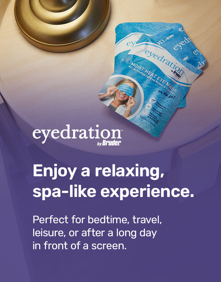 A package of Bruder moist heat eye masks is on a wooden surface. The text reads: Enjoy a relaxing, spa-like experience. Perfect for bedtime, travel, leisure, or after a long day in front of a screen.