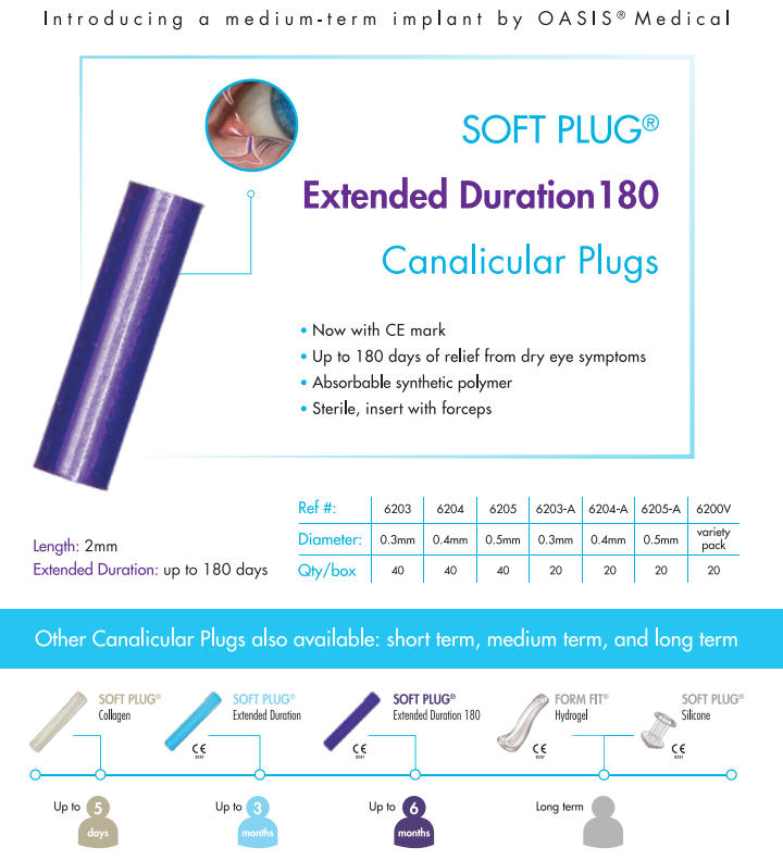 Introducing Oasis Medicals SOFT PLUG Extended Duration 180 Day Canalicular Plugs, featuring absorbable material for comfort and 180-day retention. Sterile insertion ensures safety. The image displays this purple plug with other Soft Plug options sorted by duration for easy comparison.