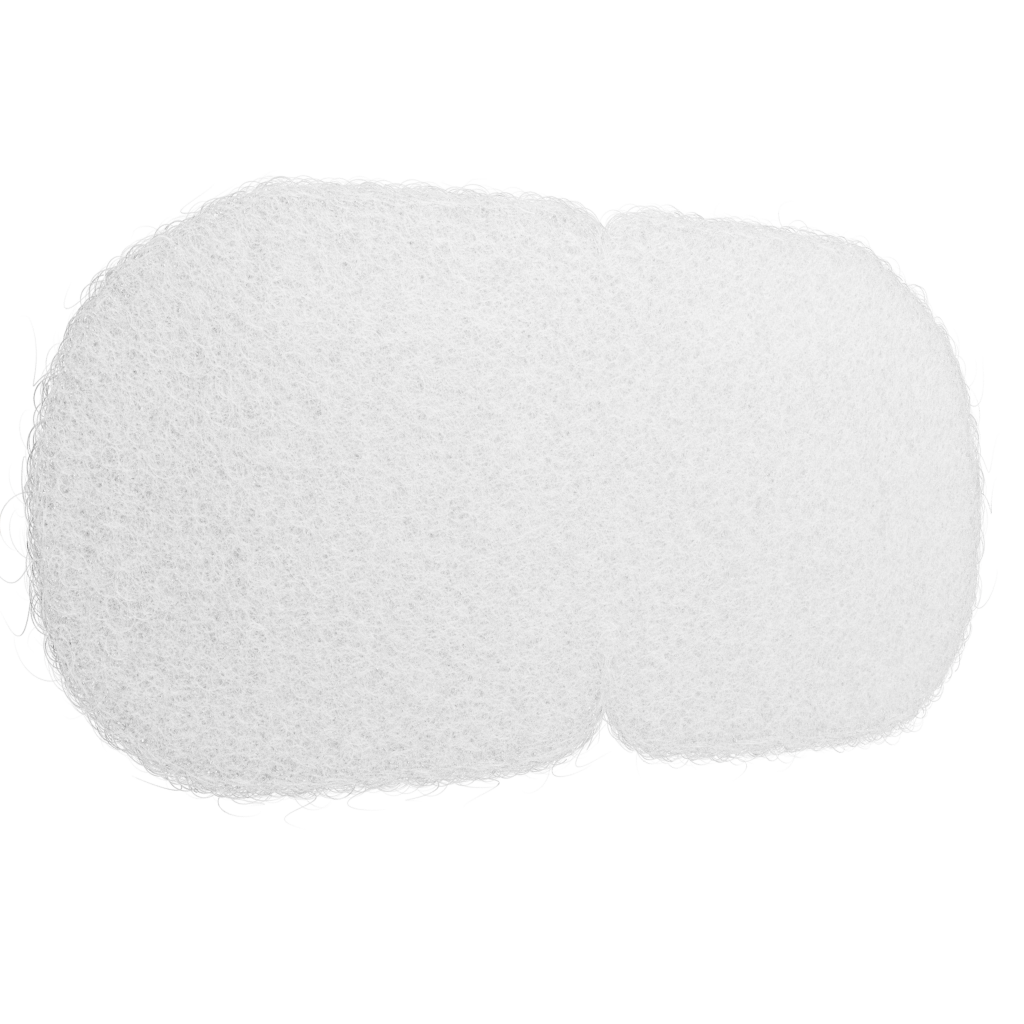 A close-up of a white, oval-shaped scrubbing pad with a rough texture placed against a solid black background. The pads fibers are visible, indicating its abrasive surface.