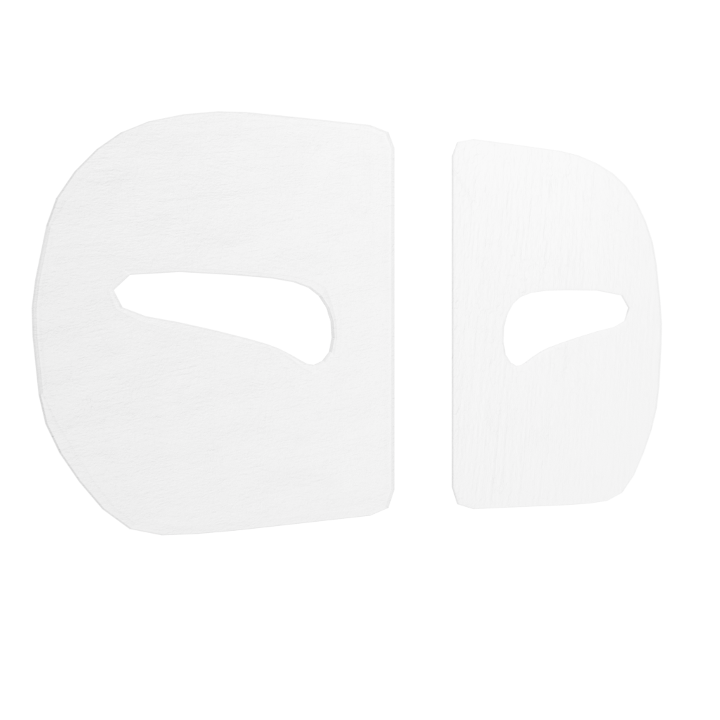 Two geometric white masks placed side by side against a black background. The masks have eye slits and an abstract, minimalist design, slightly resembling a pair of faces.