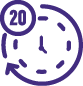 A purple icon of a clock with dashed lines, showing 10 oclock. An arrow circles around the clock. A smaller circle with the number 20 is in the top left corner, suggesting a 20-minute timer or countdown.