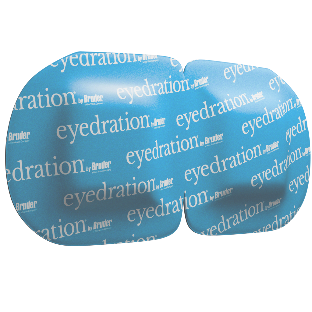 Blue eye mask with white text repeating eyedration by Bruder across the surface. The mask is contoured to fit around the eyes, designed for soothing and hydrating relief.